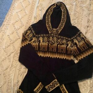 Kactus Artesanias Alpaca Soft Hooded Pullover with Fringe, Brown/Black/Tan.